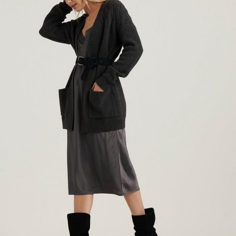 Lucky Brand Venice Charcoal Gray Long Cardigan w/ Belt & Pockets, Size S…
